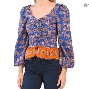 House of Harlow 1960 Blue and Orange Floral Blouse